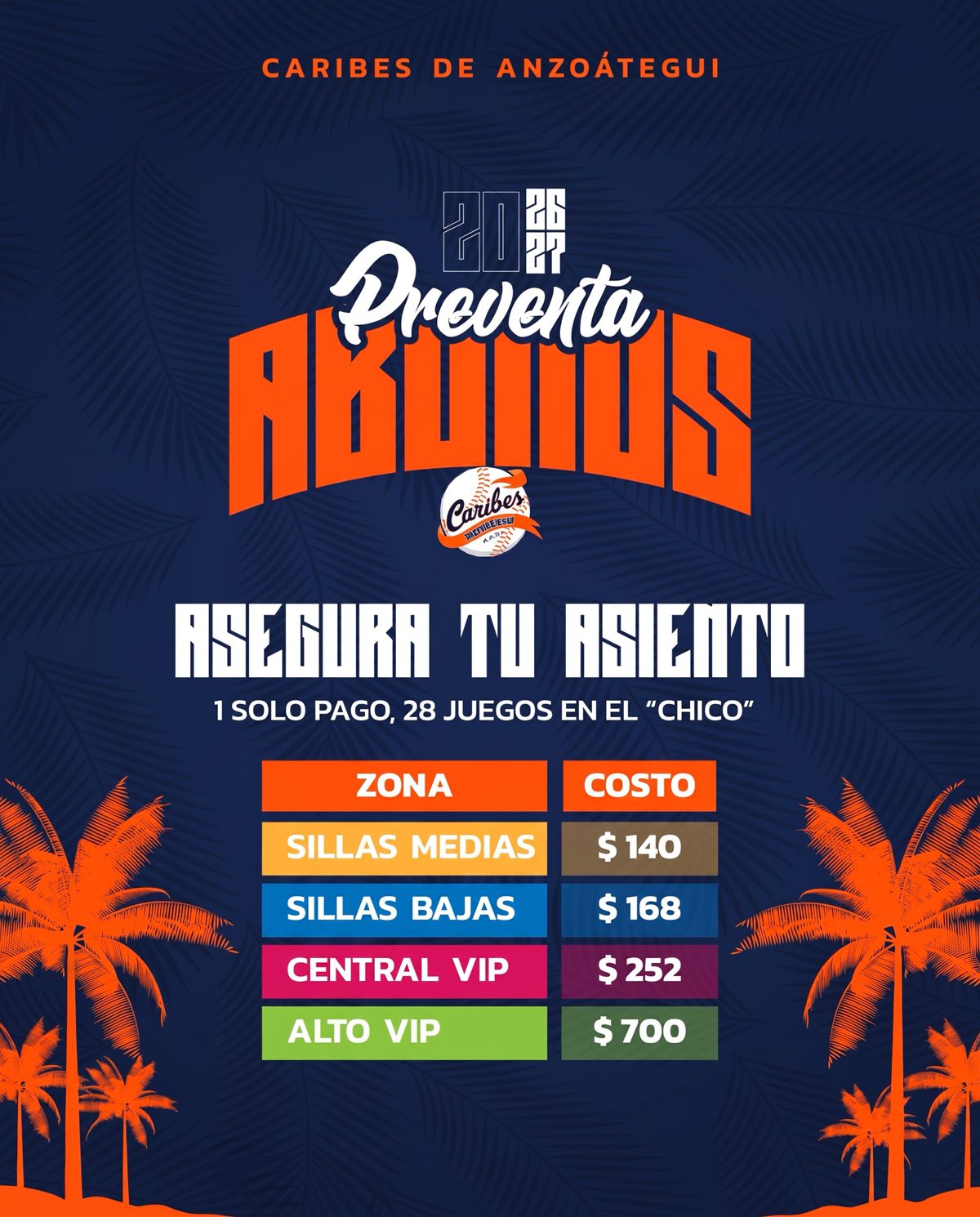 Precios de abonos 2026-27 por zona del Estadio Chico Carrasquel